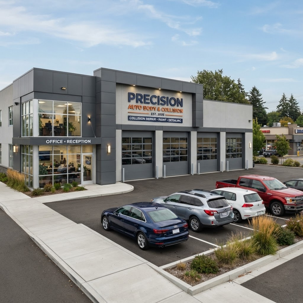 Exterior of the ZOO AUTO BODY shop building